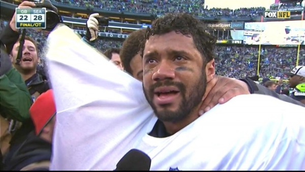 seahawks russell wilson emotional after beating packers nfc champs 2015