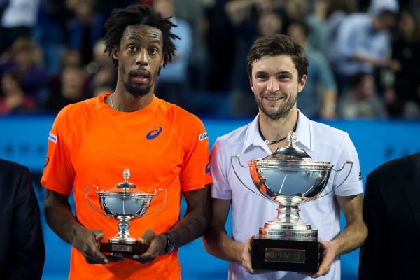 gilles simon with gael monfils showing trophies for atp marseille open 13 images 2015