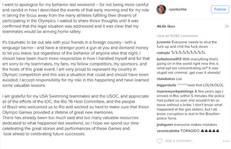 ryan lochte apology on instagram