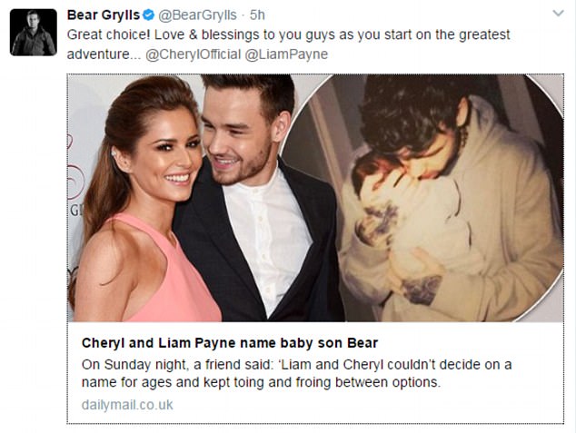 bear grylls tweet to liam payne and cheryl for son name