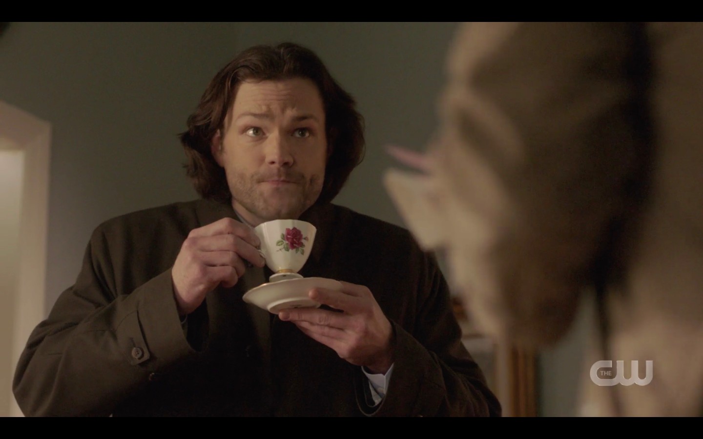 Sam Winchester drinking coffee out of dainty cut with Castiel SPN Peace of Mind