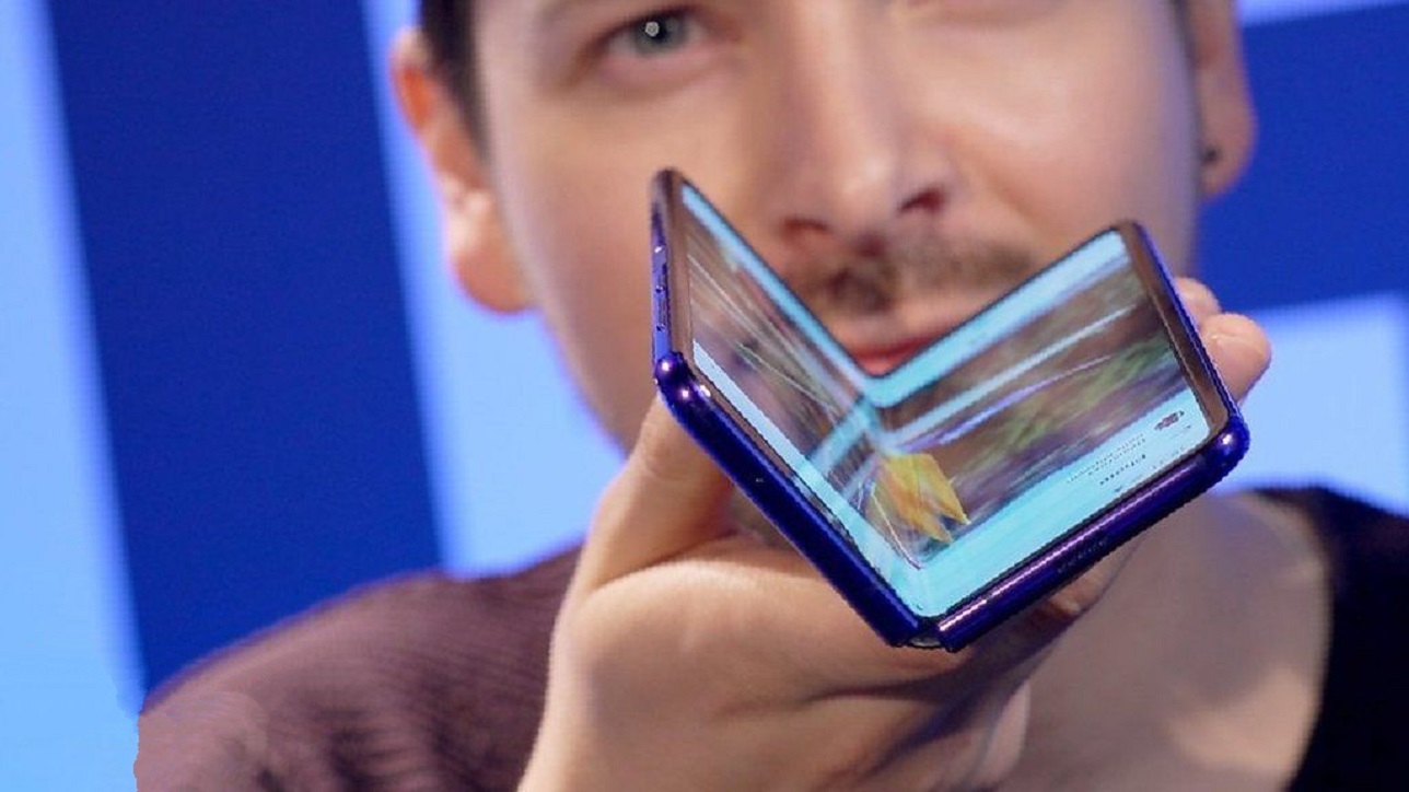 samsung galaxy fold being held in folded position in London.