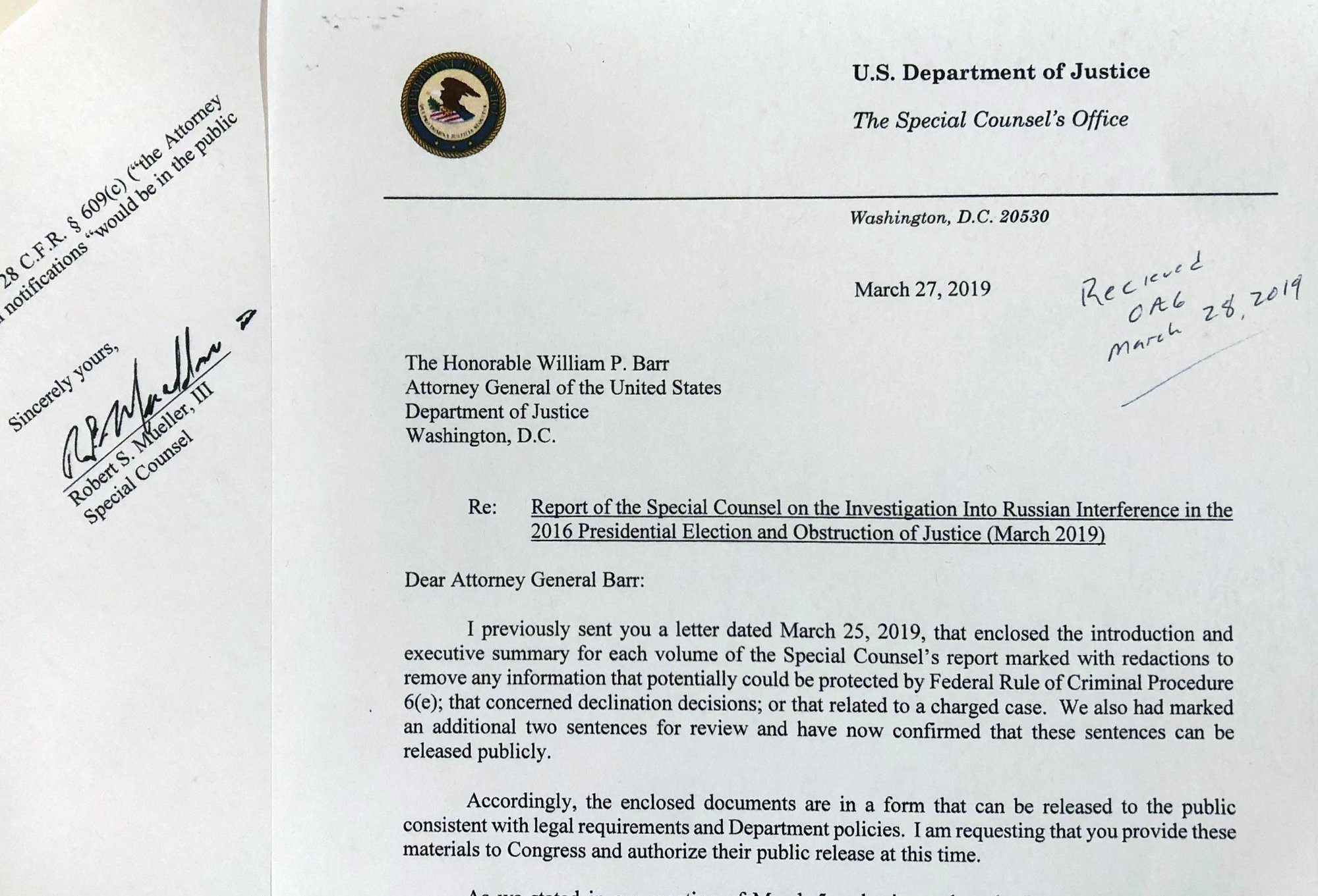robert mueller letter to william barr over russia report