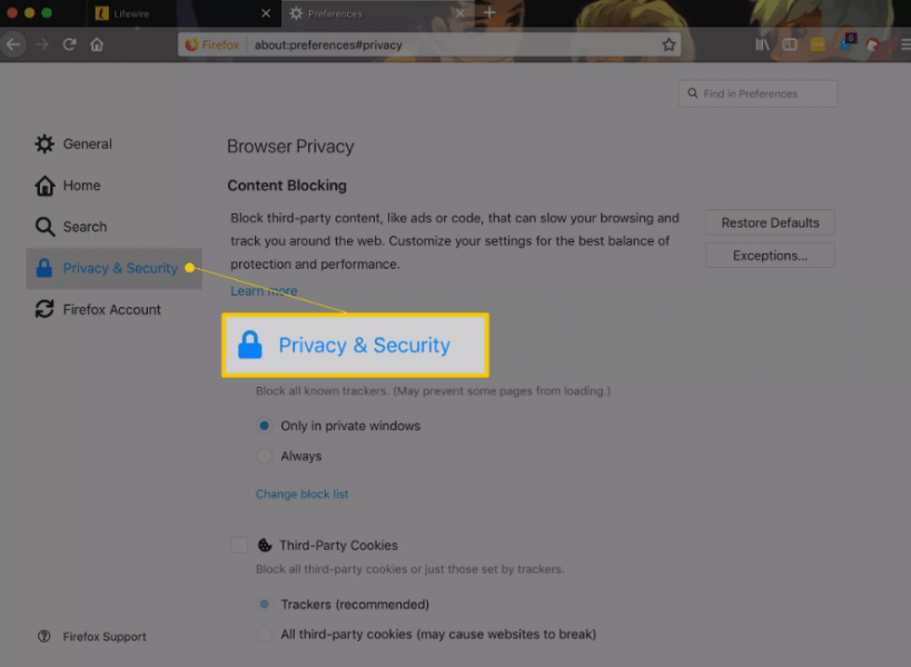 Mozilla Firefox privacy security button