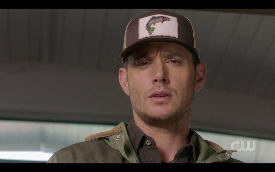 Dean Winchester in hat with salmon on it