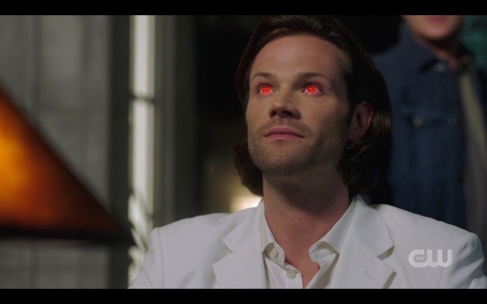Sam Winchester glowing read eyes as Lucifer enters his body