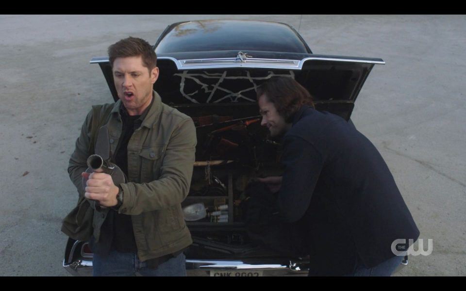 Dean winchester holding Jensen Ackles long hard grenade launcher SPN