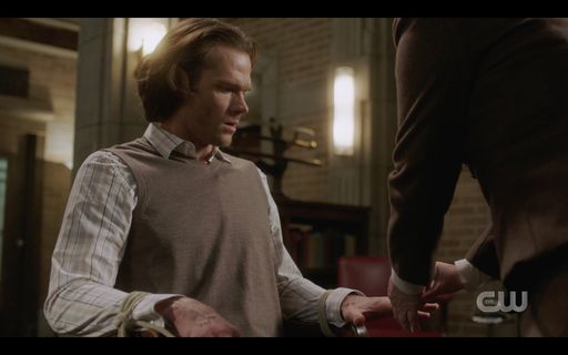Mrs Butters tying Sam Winchester down to chair SPN.