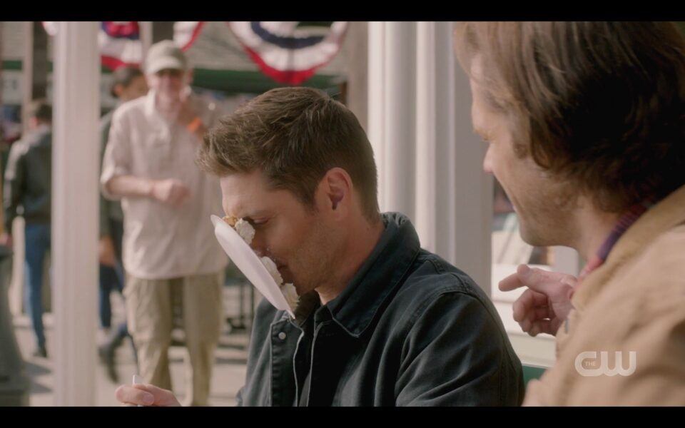 SPN finale Sam Winchester pies Dean in face Bob Singer laughs in background