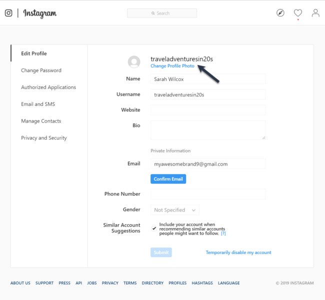 Instagram profile section area to change user image