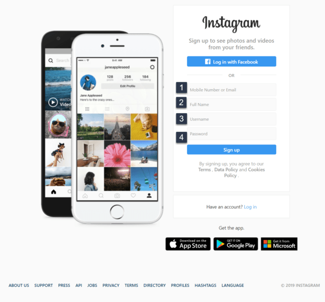 Instagram sign up page for business individuals