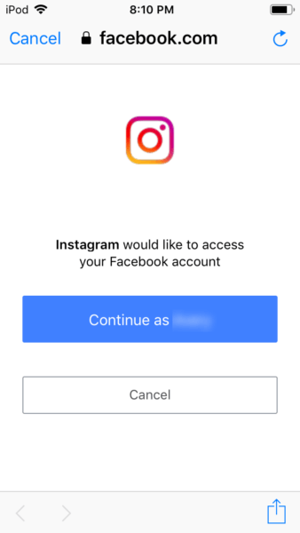 Instagram wants to access Facebook account page