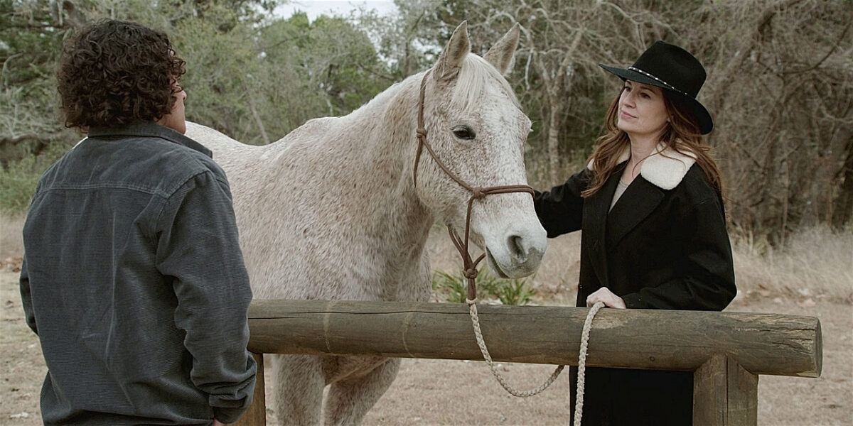 Walker Denise with Colton showing him how hung he should be next to the white horses on her ranch 2.11.