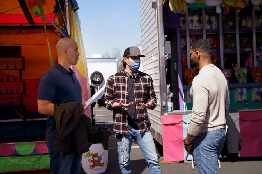 Jensen Ackles directing Trey and Coby Bell with mask on Walker set.