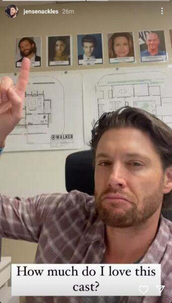 Jensen Ackles on set of Walker in directing mode for instagram post.