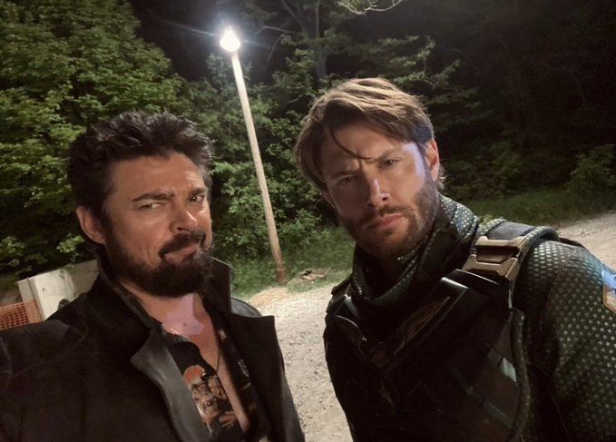 Jensen Ackles with Karl Urban on The Boys set with Urban giving stink eye