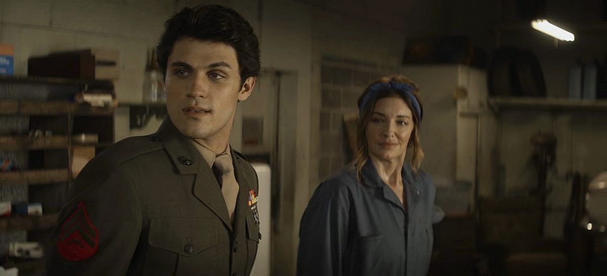 Drake Rodger lusting looking hungrily at gay Carlos in military drag on Winchesters set 1.4.