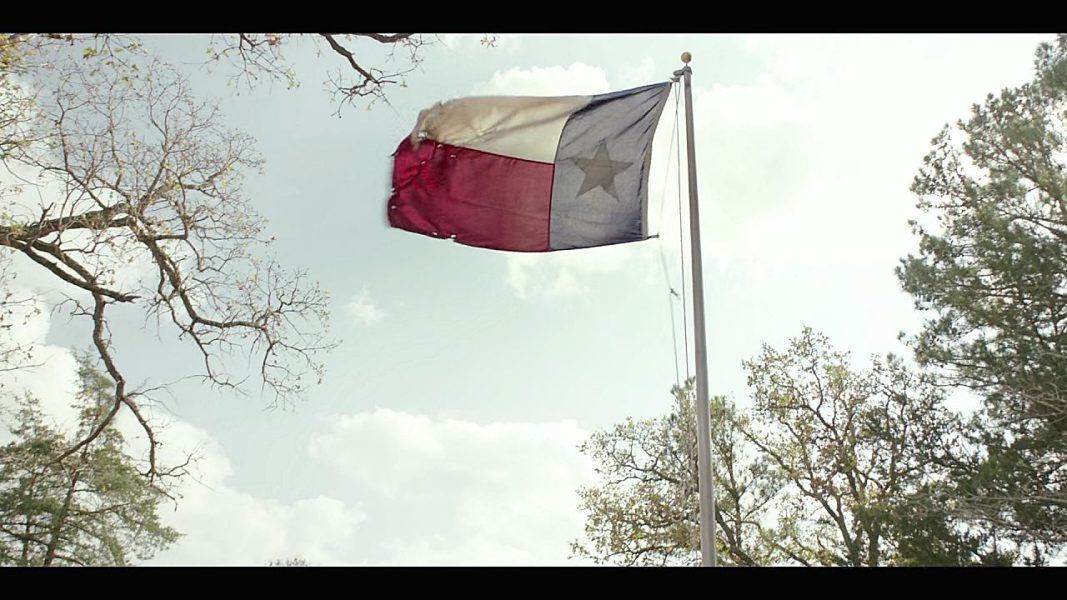 Walker Texas flag flying tattered in sky.