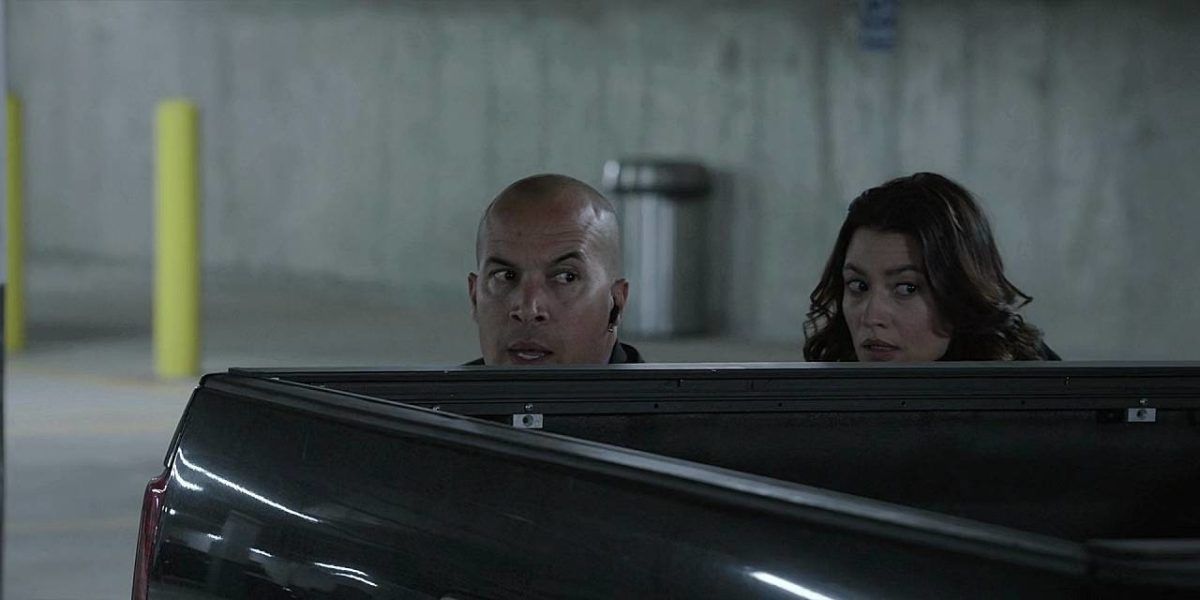 Walker Cassie and James peeping over truck at bad guys shooting each other 3.14.