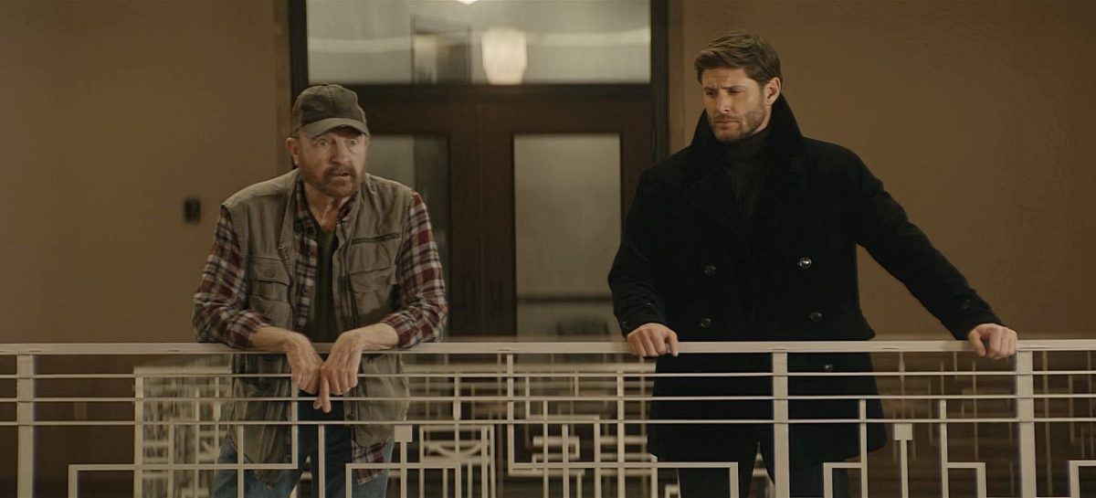 Winchesters set with Jensen Ackles wearing peacoat and Jim Beavers looking old as Bobby.