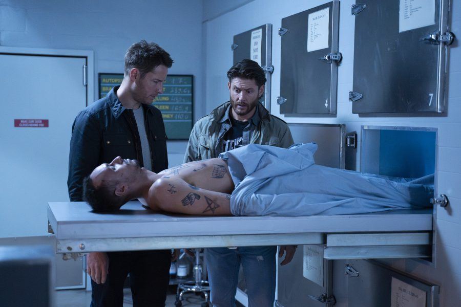 Justin Hartley and Jensen Ackles checking out dead men in morgues on Trackers.