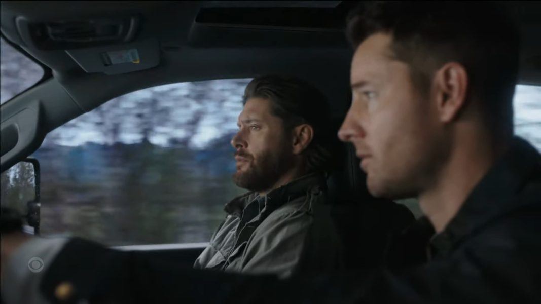 Justin Hartley driving hard on Jensen Ackles rear in trackers